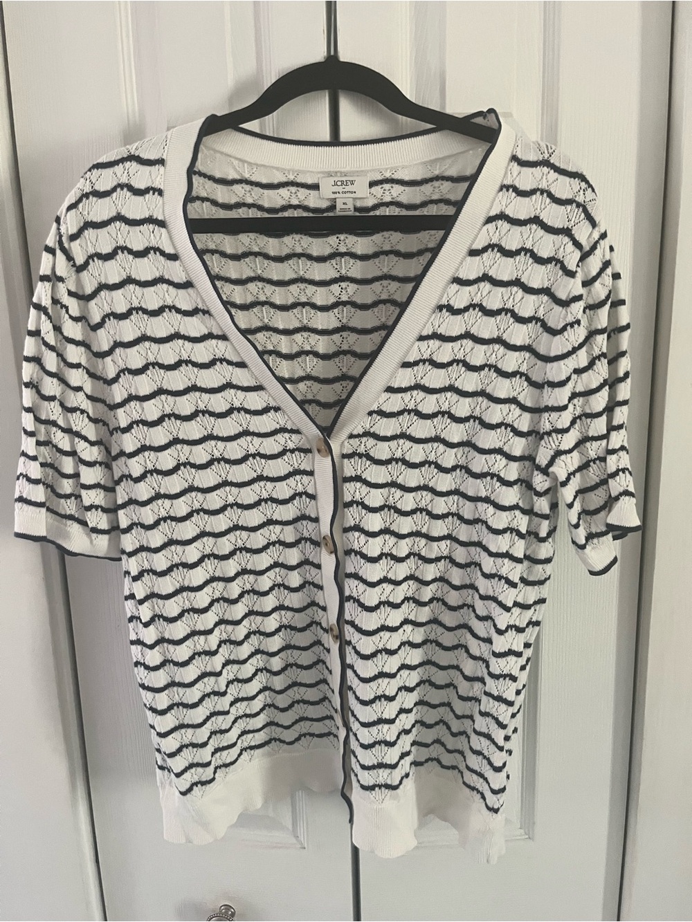 J. Crew White and Navy Scallop Stripe Short Sleeve Cardigan Cotton sz XL